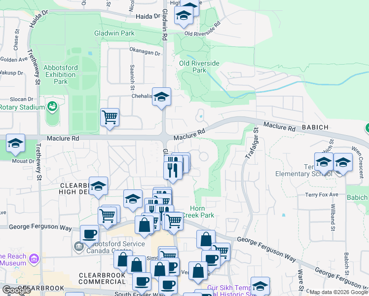 map of restaurants, bars, coffee shops, grocery stores, and more near 3150 Gladwin Road in Abbotsford