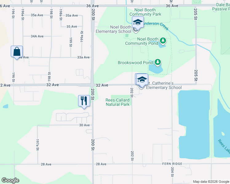 map of restaurants, bars, coffee shops, grocery stores, and more near 20108 32 Avenue in Langley Township