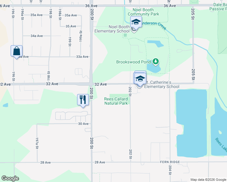 map of restaurants, bars, coffee shops, grocery stores, and more near 20108 32 Avenue in Langley Township