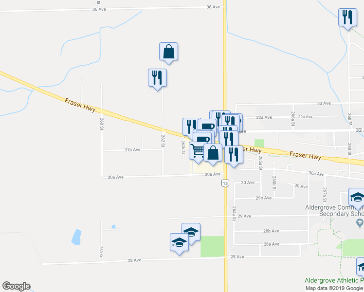 map of restaurants, bars, coffee shops, grocery stores, and more near 45349 262B Street in Langley Township