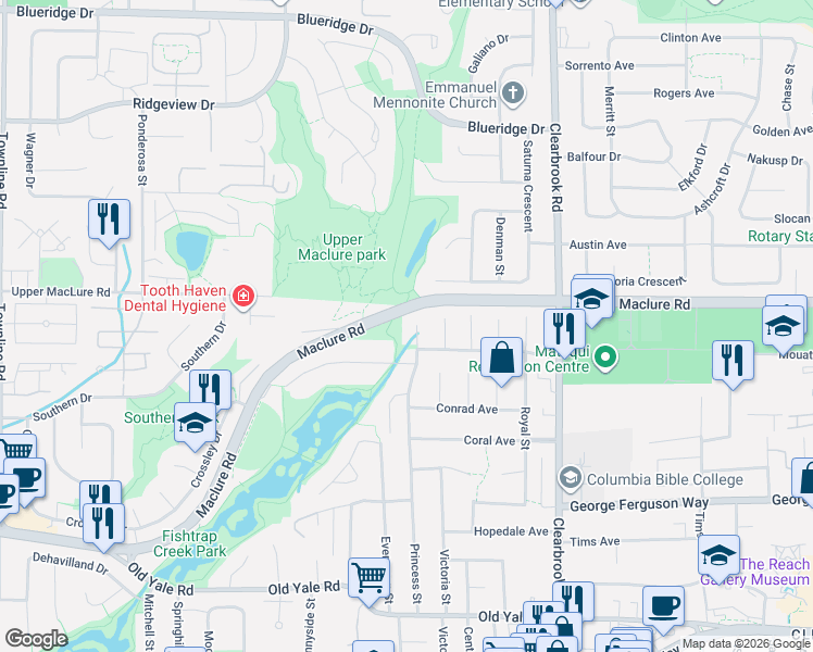map of restaurants, bars, coffee shops, grocery stores, and more near 3155 Princess Court in Abbotsford