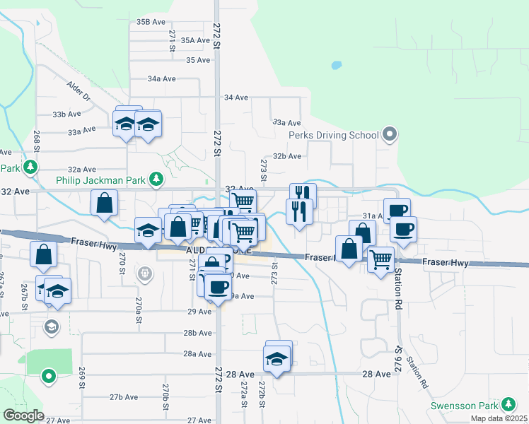 map of restaurants, bars, coffee shops, grocery stores, and more near 27272 32 Avenue in Langley Township