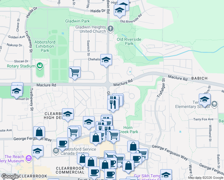 map of restaurants, bars, coffee shops, grocery stores, and more near 3192 Gladwin Road in Abbotsford