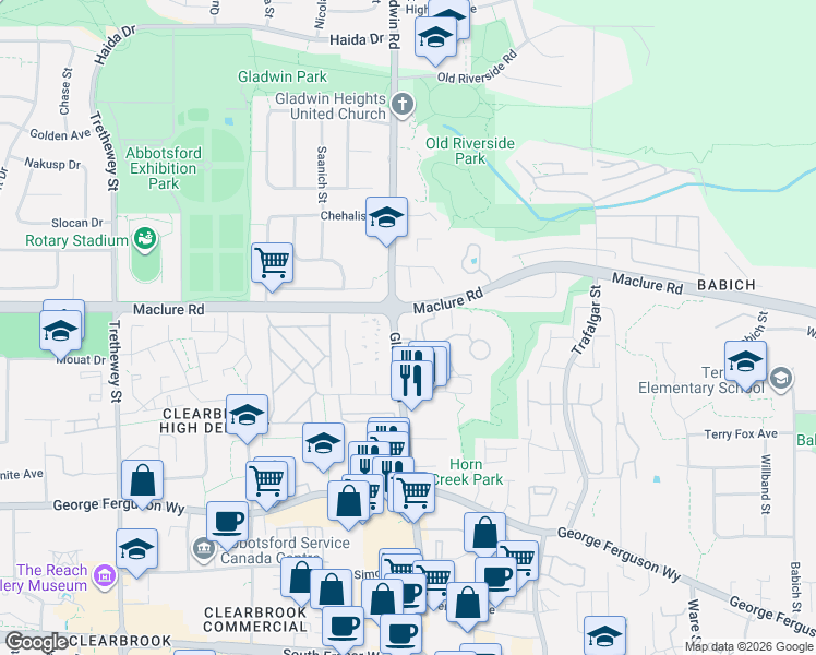 map of restaurants, bars, coffee shops, grocery stores, and more near in Abbotsford