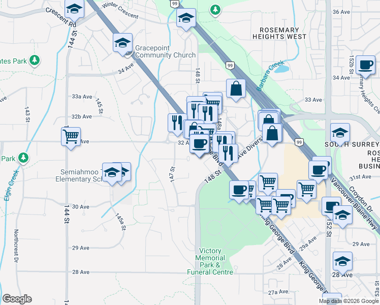 map of restaurants, bars, coffee shops, grocery stores, and more near 14763 31A Avenue in Surrey