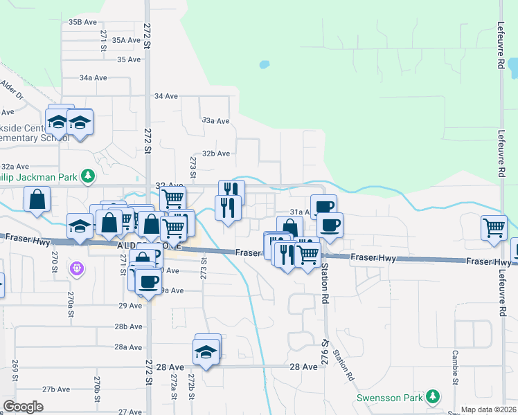 map of restaurants, bars, coffee shops, grocery stores, and more near 27456 32 Avenue in Langley Township