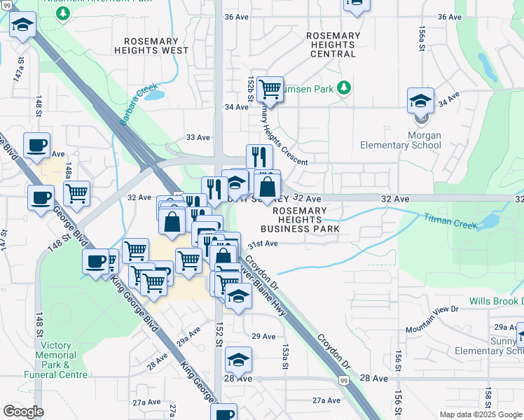 map of restaurants, bars, coffee shops, grocery stores, and more near in Surrey