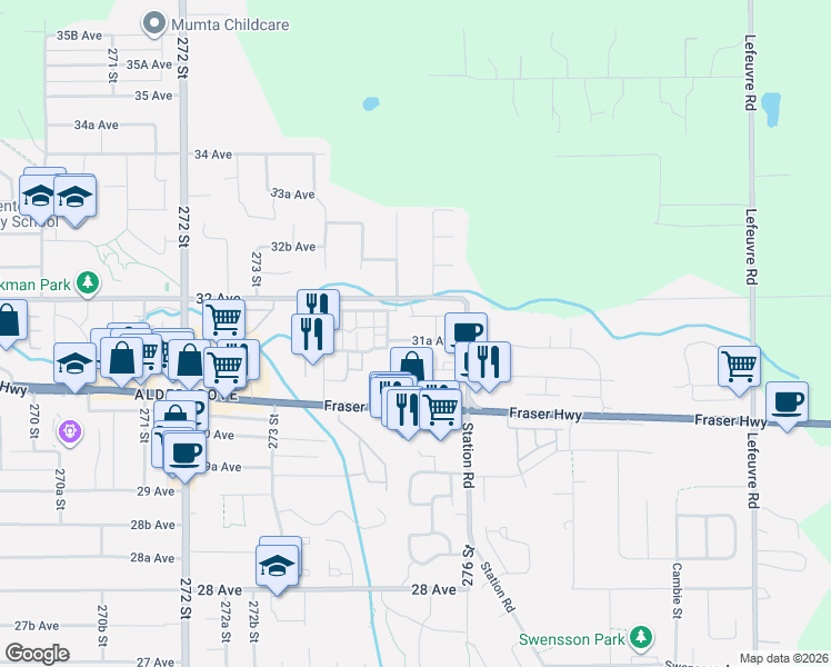 map of restaurants, bars, coffee shops, grocery stores, and more near 27527 31A Avenue in Langley Township
