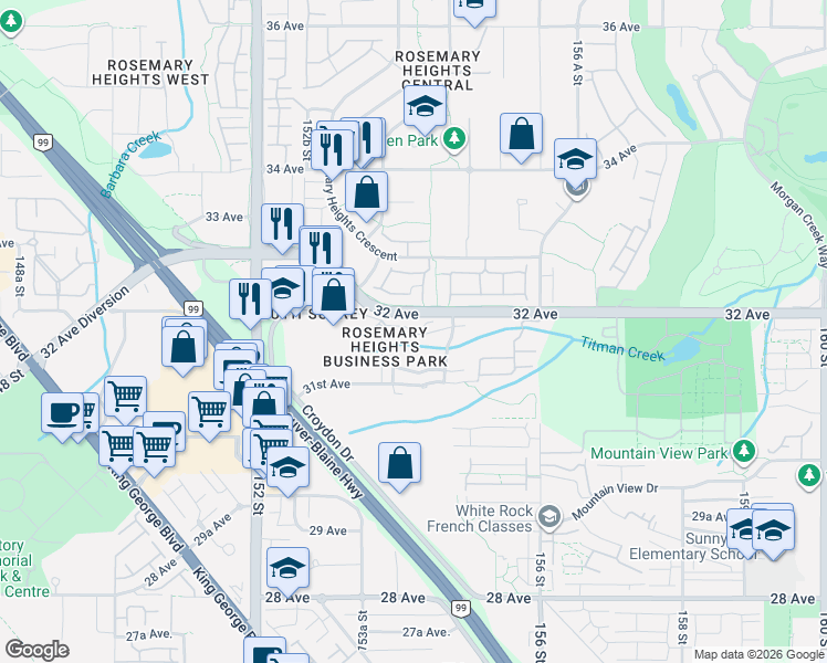 map of restaurants, bars, coffee shops, grocery stores, and more near in Surrey