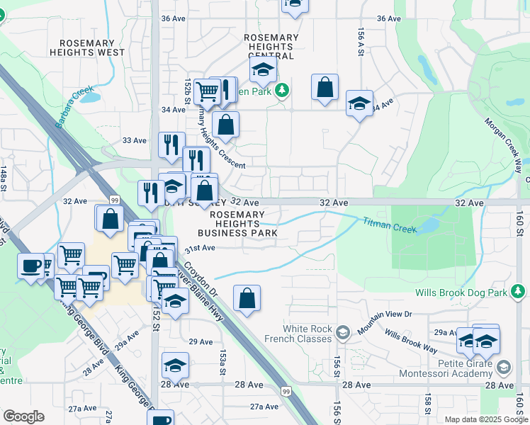 map of restaurants, bars, coffee shops, grocery stores, and more near 8 32 Avenue in Surrey