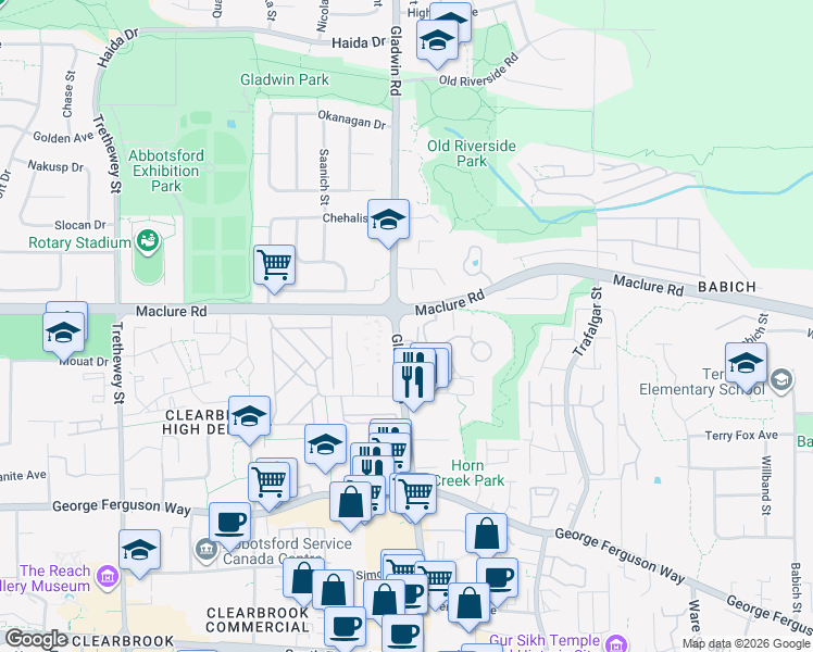 map of restaurants, bars, coffee shops, grocery stores, and more near 3192 Gladwin Road in Abbotsford