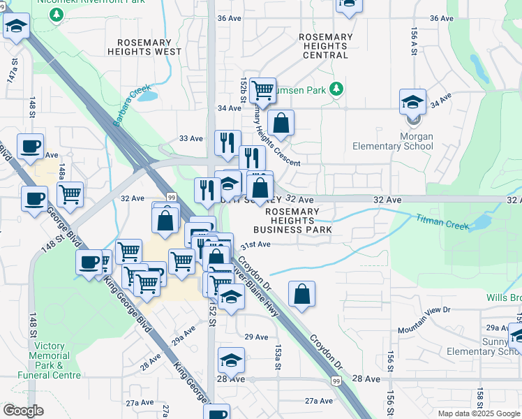 map of restaurants, bars, coffee shops, grocery stores, and more near 15350 Croydon Drive in Surrey