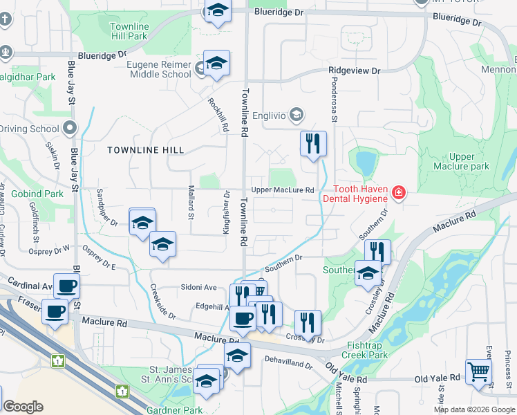 map of restaurants, bars, coffee shops, grocery stores, and more near 3123 Townline Road in Abbotsford