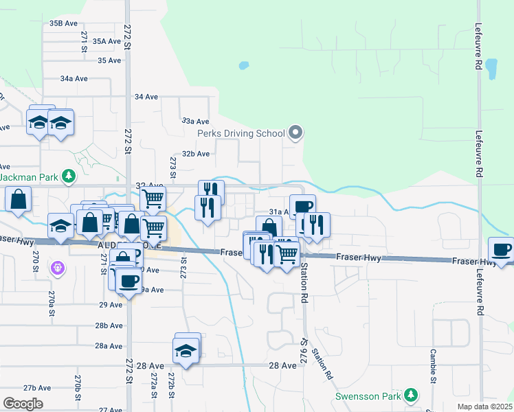 map of restaurants, bars, coffee shops, grocery stores, and more near 27456 32 Avenue in Langley Township
