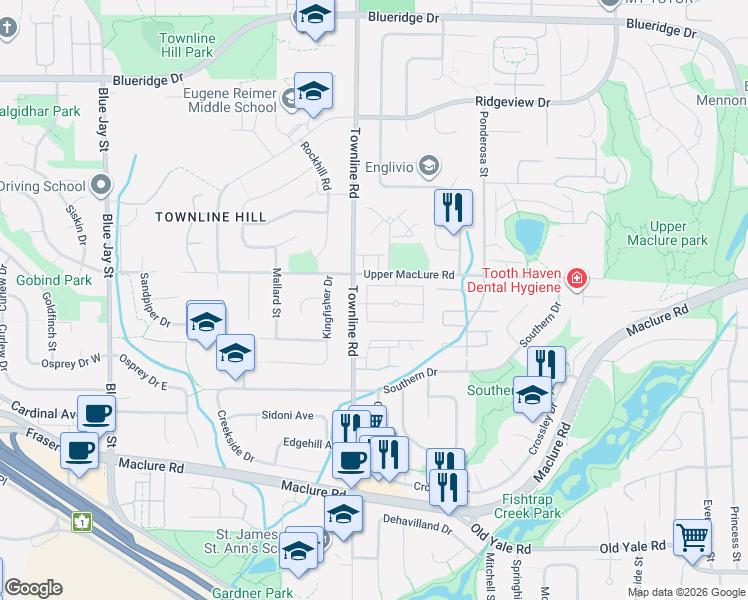 map of restaurants, bars, coffee shops, grocery stores, and more near 3123 Townline Road in Abbotsford
