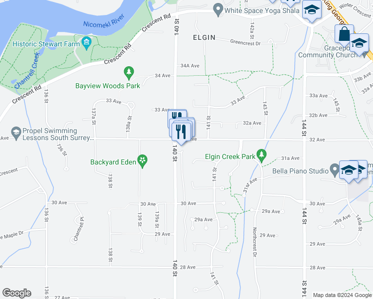 map of restaurants, bars, coffee shops, grocery stores, and more near 14022 32 Avenue in Surrey