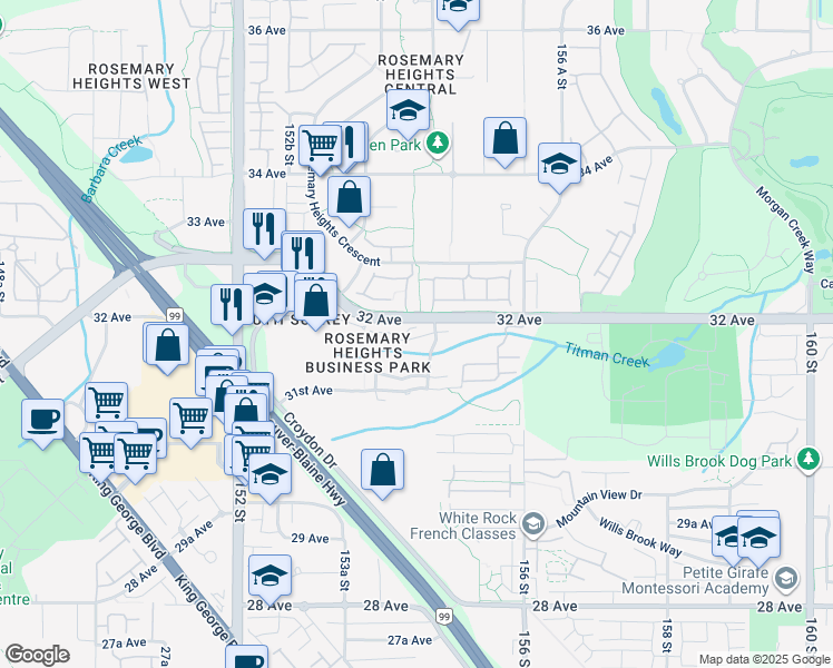 map of restaurants, bars, coffee shops, grocery stores, and more near 6 32 Avenue in Surrey
