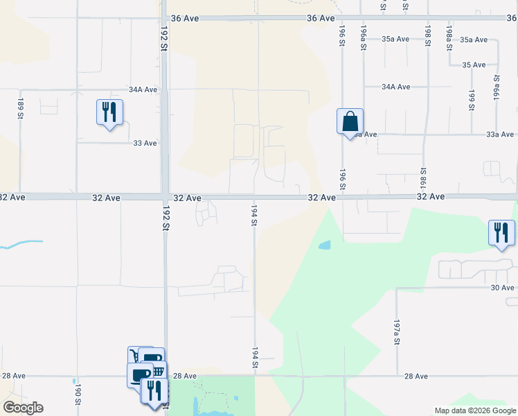 map of restaurants, bars, coffee shops, grocery stores, and more near 3170 194 Street in Surrey