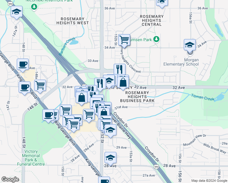 map of restaurants, bars, coffee shops, grocery stores, and more near 15272 Croydon Drive in Surrey