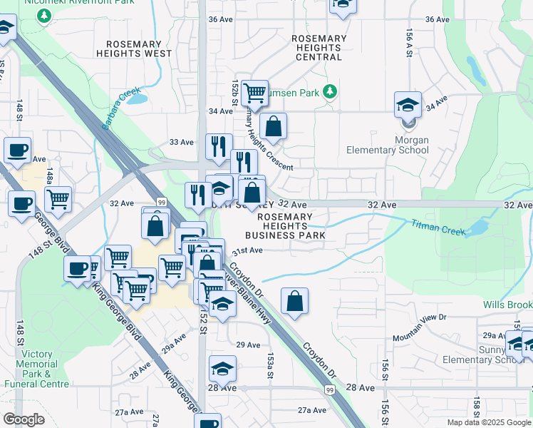 map of restaurants, bars, coffee shops, grocery stores, and more near 15350 Croydon Drive in Surrey