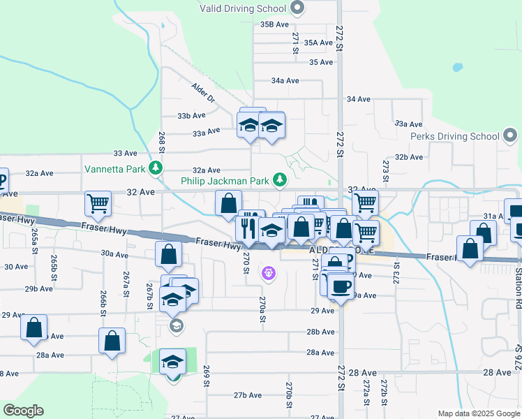 map of restaurants, bars, coffee shops, grocery stores, and more near 27044 32 Avenue in Langley Township