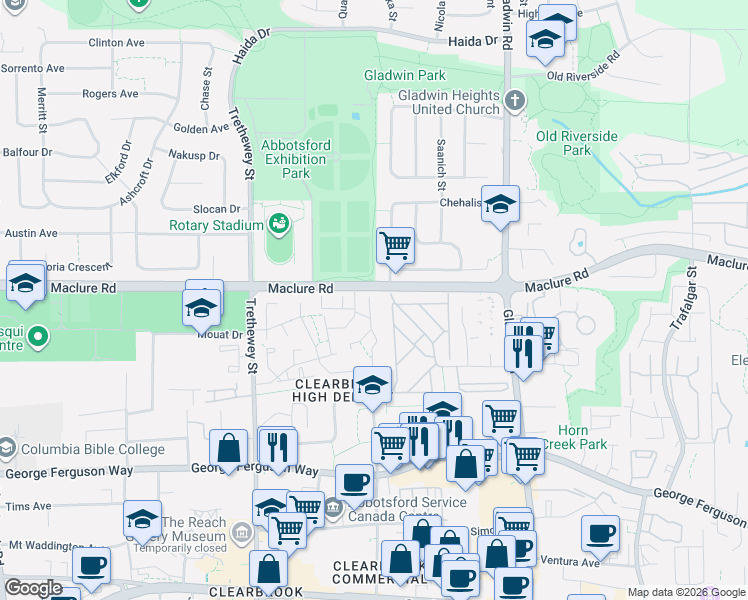 map of restaurants, bars, coffee shops, grocery stores, and more near 32550 Maclure Road in Abbotsford