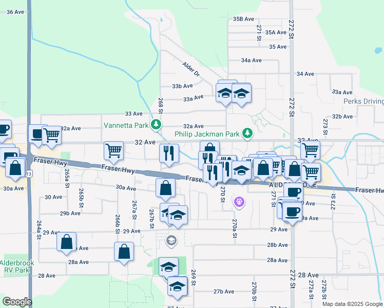 map of restaurants, bars, coffee shops, grocery stores, and more near 26886 32 Avenue in Langley Township