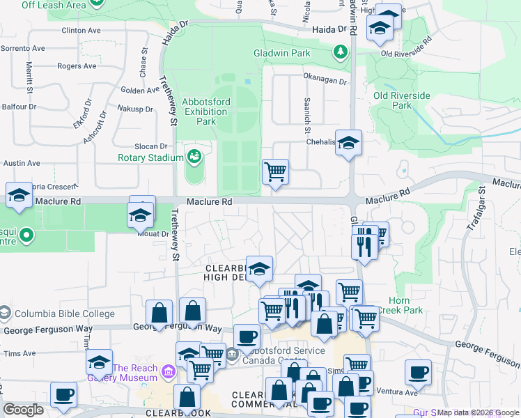 map of restaurants, bars, coffee shops, grocery stores, and more near 32718 Garibaldi Dr in Abbotsford