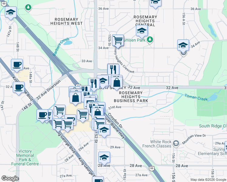 map of restaurants, bars, coffee shops, grocery stores, and more near 15292 Croydon Drive in Surrey