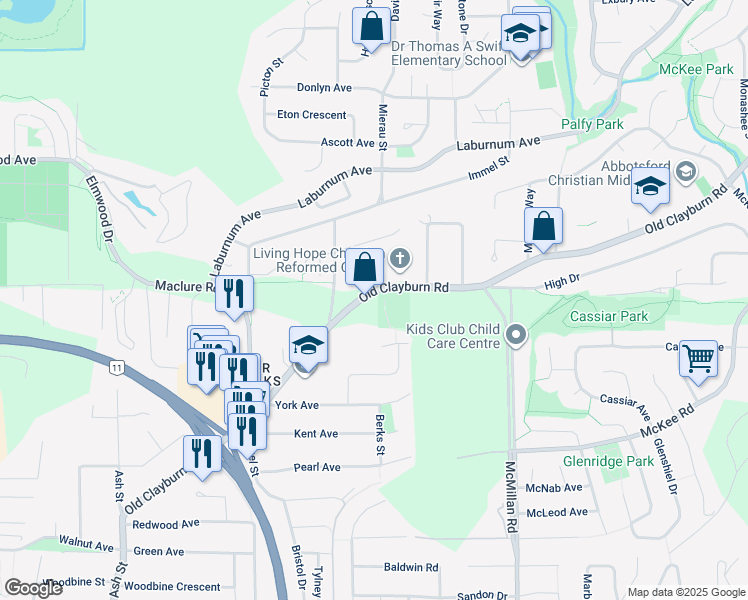 map of restaurants, bars, coffee shops, grocery stores, and more near 3176 Old Clayburn Road in Abbotsford