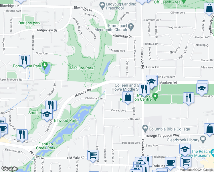 map of restaurants, bars, coffee shops, grocery stores, and more near 3166 Princess Court in Abbotsford