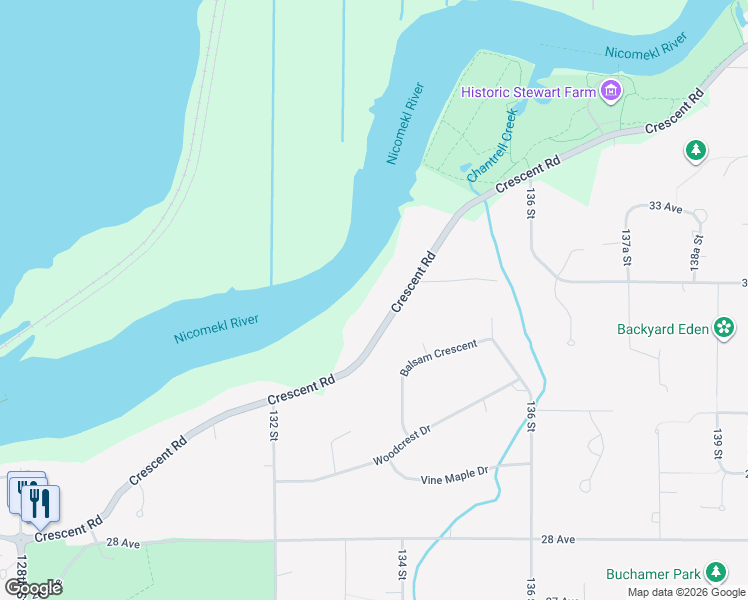 map of restaurants, bars, coffee shops, grocery stores, and more near 13375 Crescent Road in Surrey