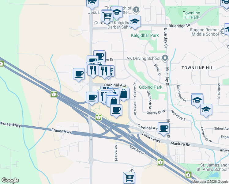 map of restaurants, bars, coffee shops, grocery stores, and more near 30530 Cardinal Avenue in Abbotsford