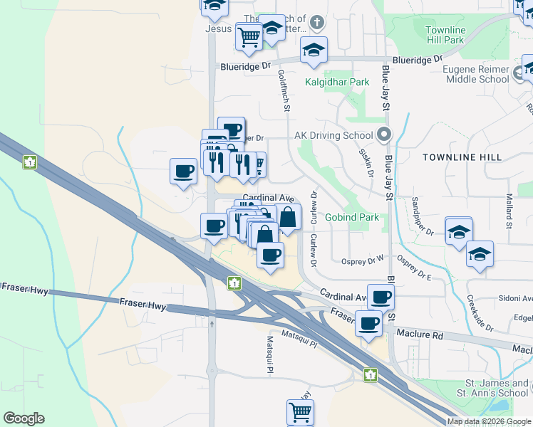 map of restaurants, bars, coffee shops, grocery stores, and more near 30530 Cardinal Avenue in Abbotsford