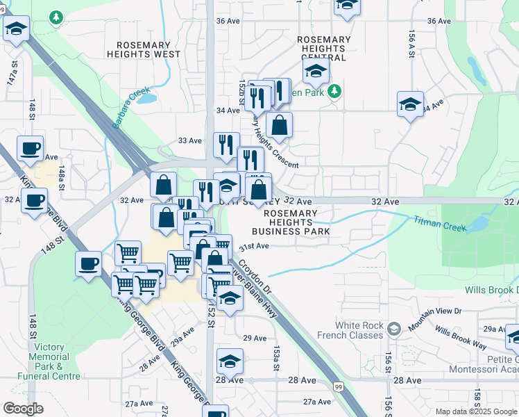 map of restaurants, bars, coffee shops, grocery stores, and more near 15300 Croydon Drive in Surrey