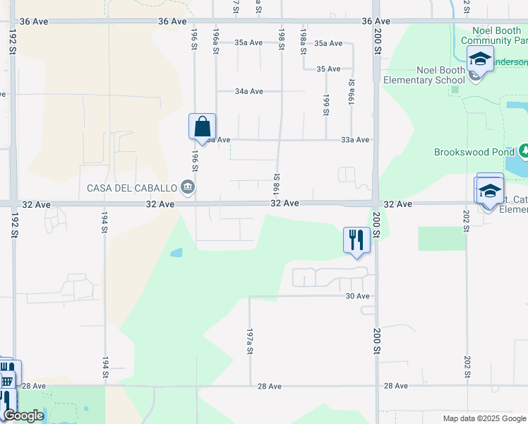 map of restaurants, bars, coffee shops, grocery stores, and more near 19740 32 Avenue in Langley