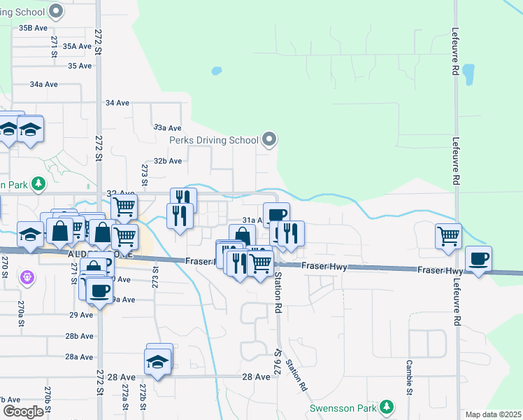 map of restaurants, bars, coffee shops, grocery stores, and more near 27564 31B Avenue in Langley Township