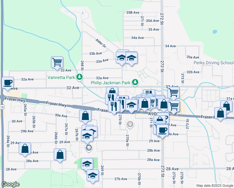 map of restaurants, bars, coffee shops, grocery stores, and more near 26970 32 Avenue in Langley Township