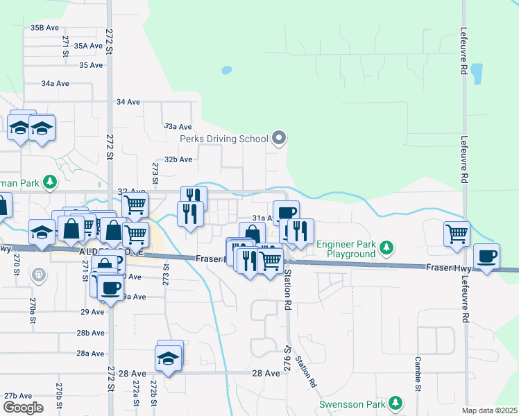 map of restaurants, bars, coffee shops, grocery stores, and more near 27540 31B Avenue in Langley Township