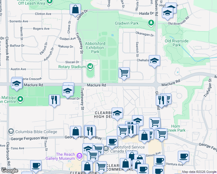 map of restaurants, bars, coffee shops, grocery stores, and more near in Abbotsford