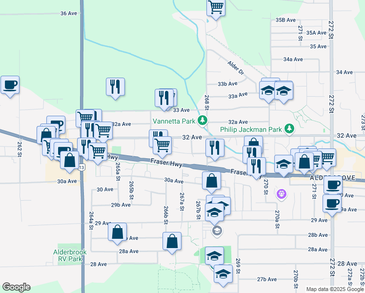 map of restaurants, bars, coffee shops, grocery stores, and more near 26733 32 Avenue in Langley Township