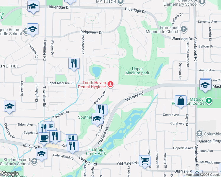 map of restaurants, bars, coffee shops, grocery stores, and more near 31548 Upper MacLure Road in Abbotsford