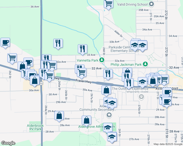 map of restaurants, bars, coffee shops, grocery stores, and more near 26684 32 Avenue in Langley Township