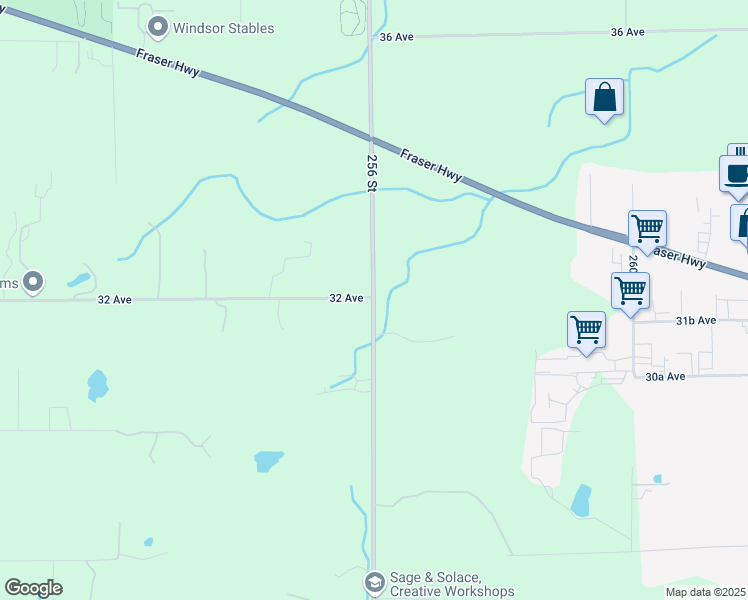 map of restaurants, bars, coffee shops, grocery stores, and more near 3163 256 Street in Langley