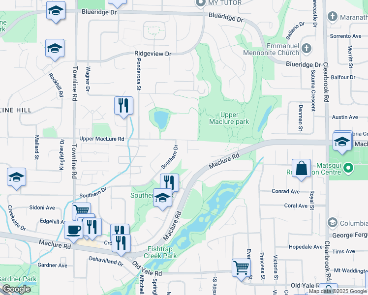 map of restaurants, bars, coffee shops, grocery stores, and more near 31548 Upper MacLure Road in Abbotsford