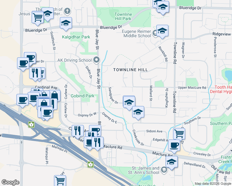 map of restaurants, bars, coffee shops, grocery stores, and more near 30891 Sandpiper Place in Abbotsford
