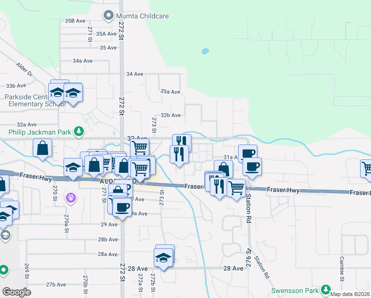 map of restaurants, bars, coffee shops, grocery stores, and more near 27456 32 Avenue in Langley Township