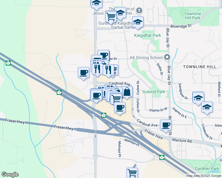 map of restaurants, bars, coffee shops, grocery stores, and more near 30494 Cardinal Avenue in Abbotsford