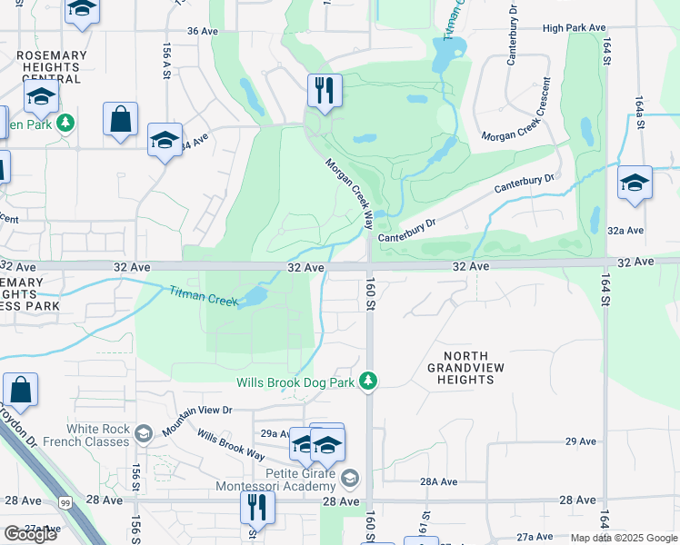 map of restaurants, bars, coffee shops, grocery stores, and more near 15988 32 Avenue in Surrey