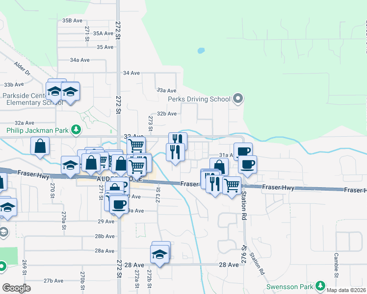 map of restaurants, bars, coffee shops, grocery stores, and more near 27456 32 Avenue in Langley Township